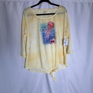 Coral Bay Women's 2X Yellow Top Tropical Scoop Neck 3/4 Sleeves NWT